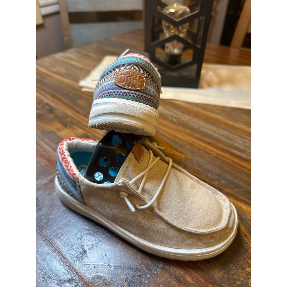 Hey Dude Wally Kids Tan Canvas Aztec Southwestern Slip On Loafers Toddler Sz 13
